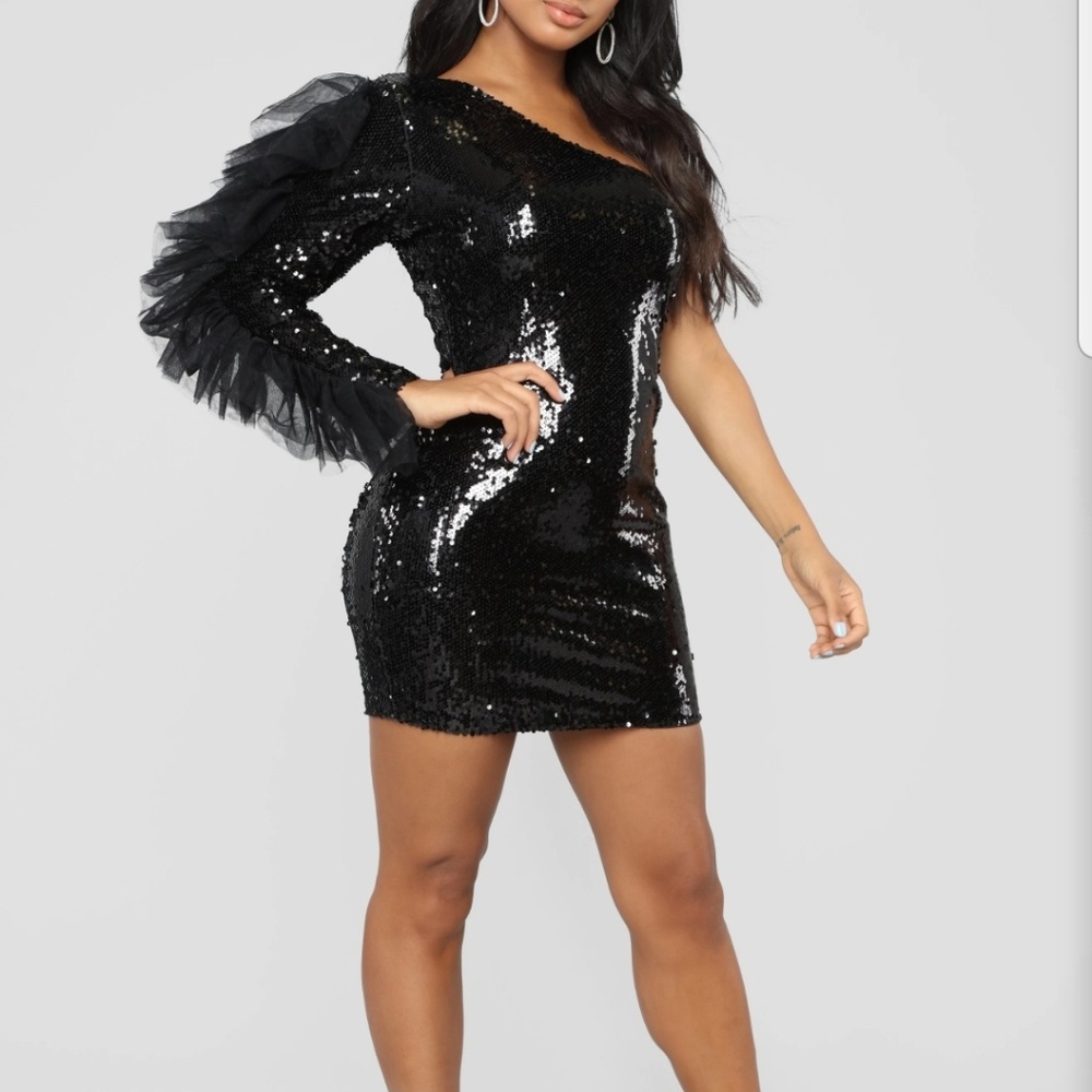 One Shoulder Black Sequin Dress